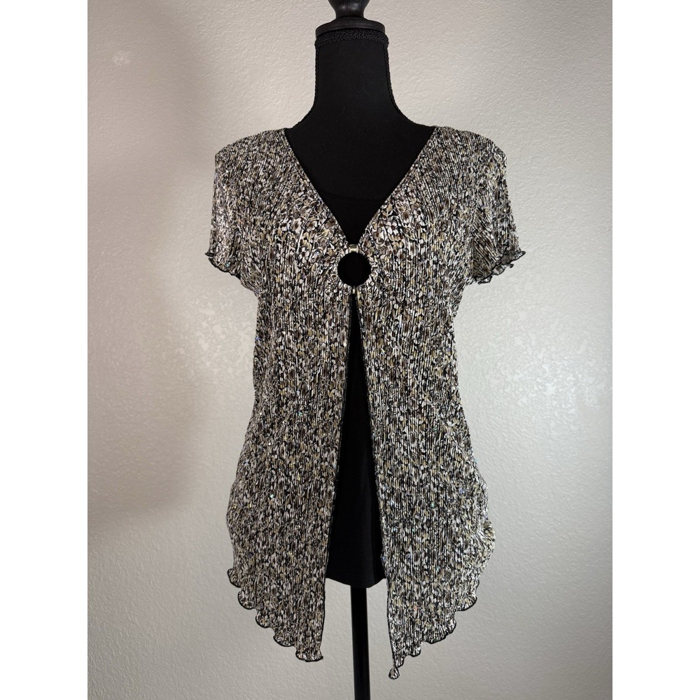 Brittany Black Womens Black/Brown Ruffle Sparkly Sequins Short Sleeve Top Size M